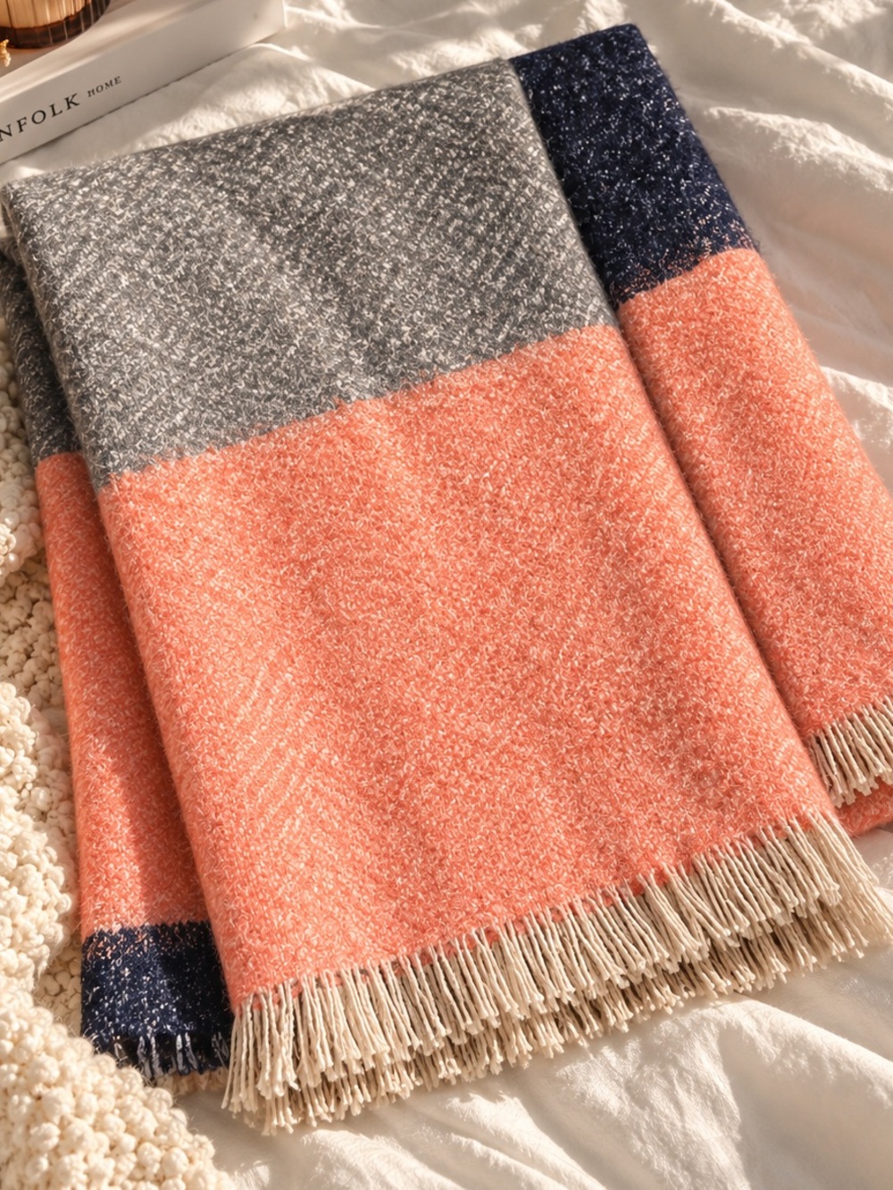 Oversized Colorblock Blanket Scarf Peach Gray Navy Fringe